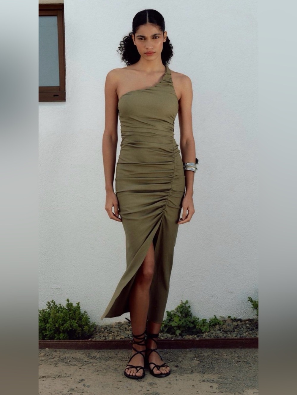 Zara Linen Blend One Shoulder Ruched Cut Out Dress